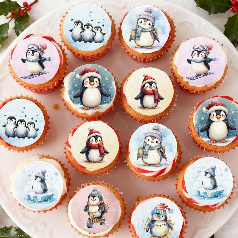 Fyeoxle 36PCS Edible Penguins Cupcake Toppers Wafer Paper Winter Penguin Cupcake Picks for Holiday Theme Christmas Party Baby Shower Birthday Supplies - Image 4